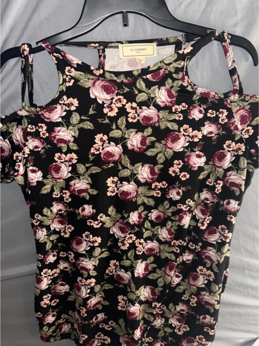 No Comment Floral Cold-Shoulder Blouse in Black and Rose XL